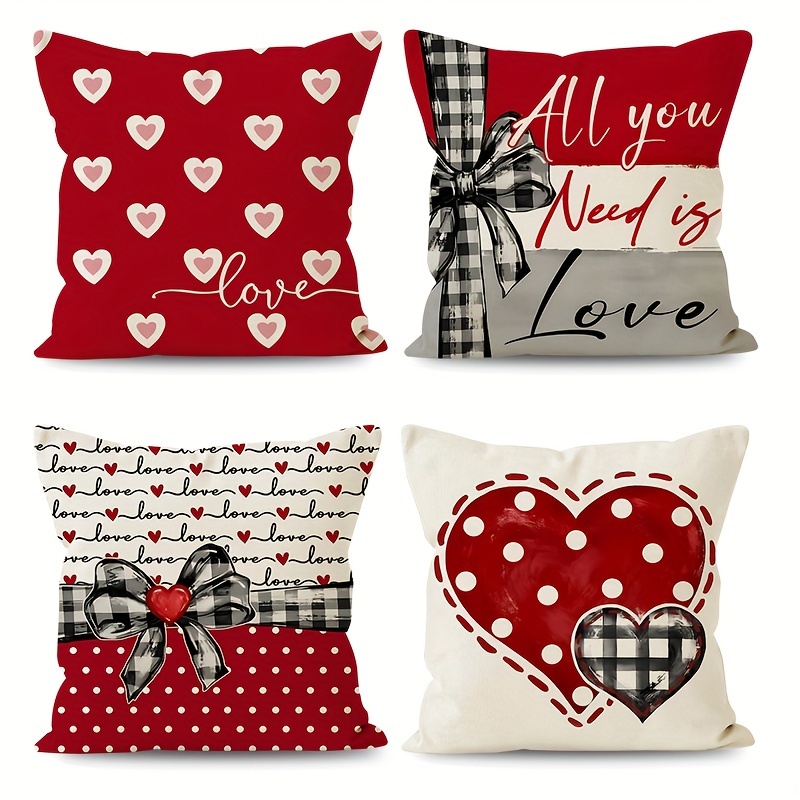 TEMU [local Warehouse] 4pcs Red Heart Hug Pillow Covers - 18x18 Inch, Zipper Closure, Machine Washable, French Decorative Cushion Cover For Home And Bedroom Sofa, No Pillow Core