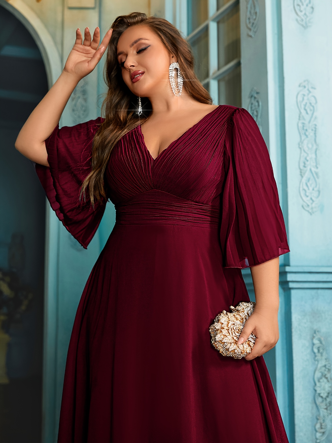 plus size plus size solid color pleated flare sleeve high - Temu Nigeria