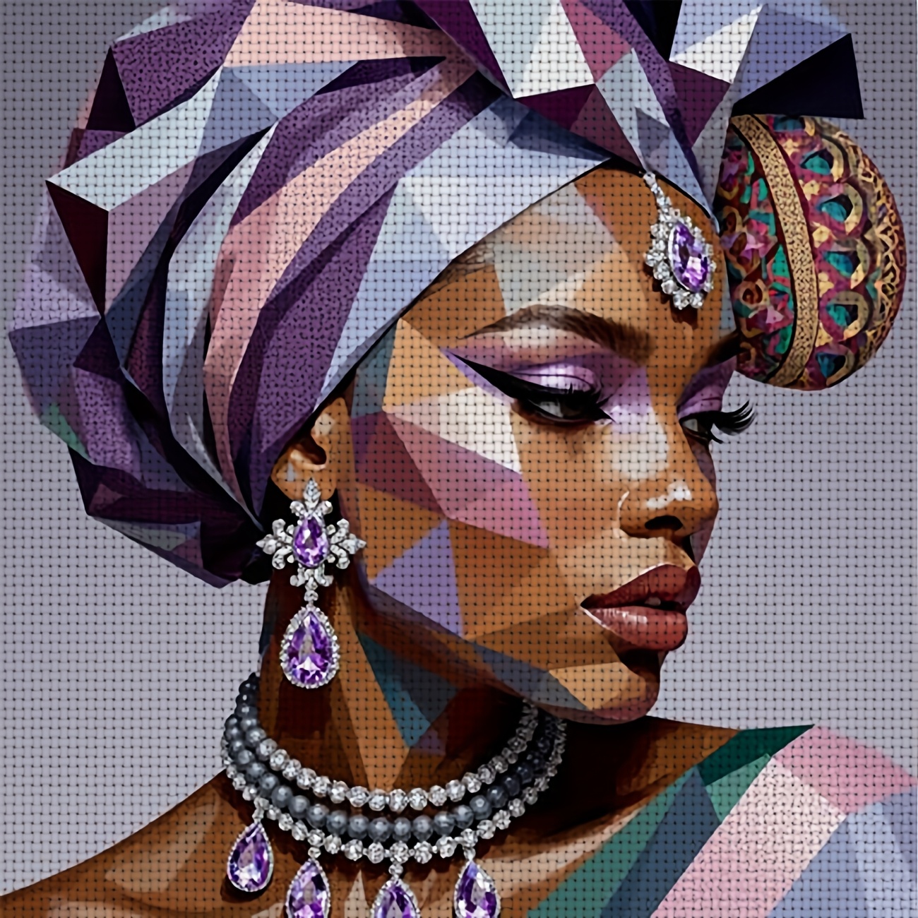 TEMU 1 Kit DIY de Broderie Point de Croix Imprimé, Cadre, Design "Femme Géométrique avec Bijoux", Idéal pour un Moment de Détente pour Débutants,