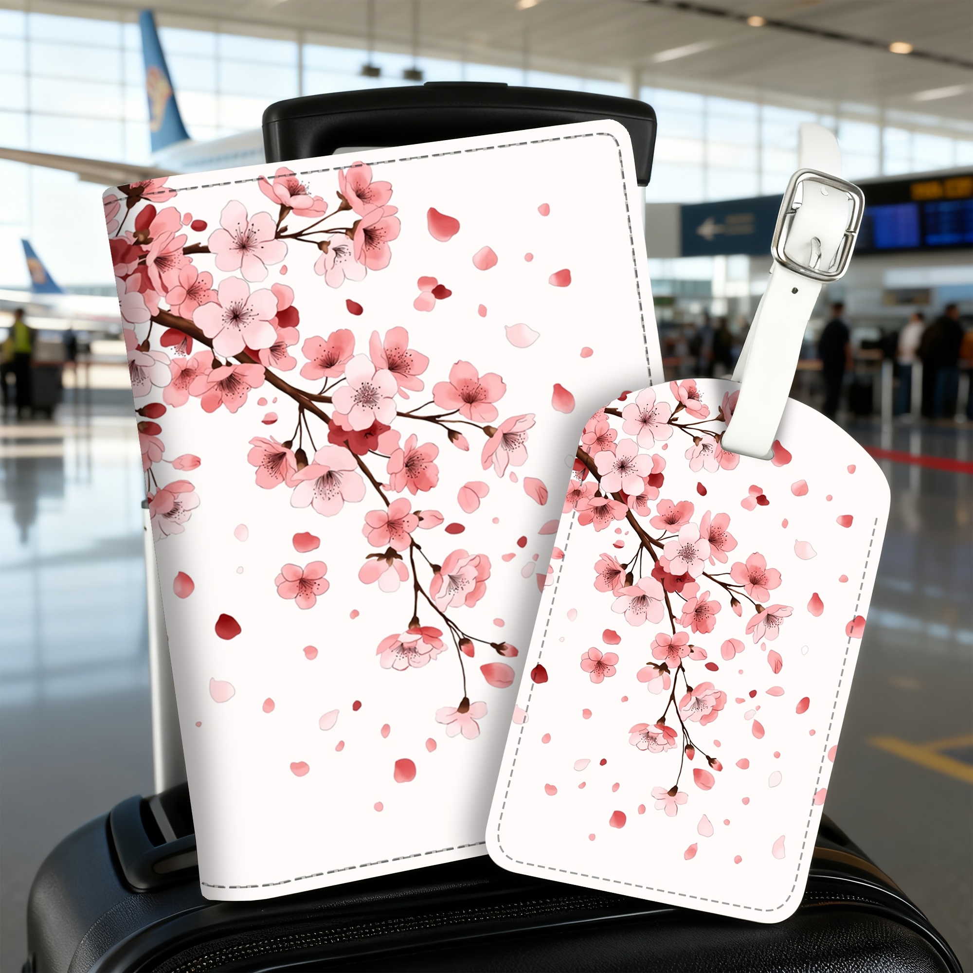TEMU 2pcs Set Cherry Floral Pattern Passport Holder And Luggage Tag, Lightweight Pu Material, Suitable For Travel Bags, Backpacks, Gym Bags, Luggage