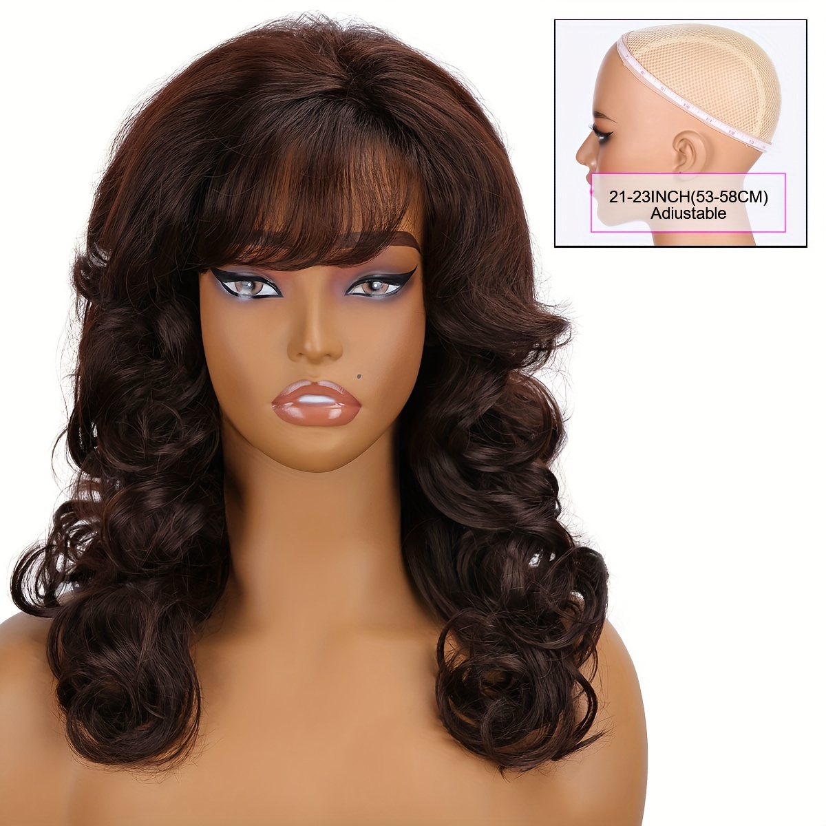 Image of 1pc Long Curly Wave Wig 18 Inch Brown Women With Bangs Synthetic Wigs High Density Heat Resistant Fiber Breathable Cap Versatile For Daily Party Or Halloween Wear And Light Brown 3 Colors