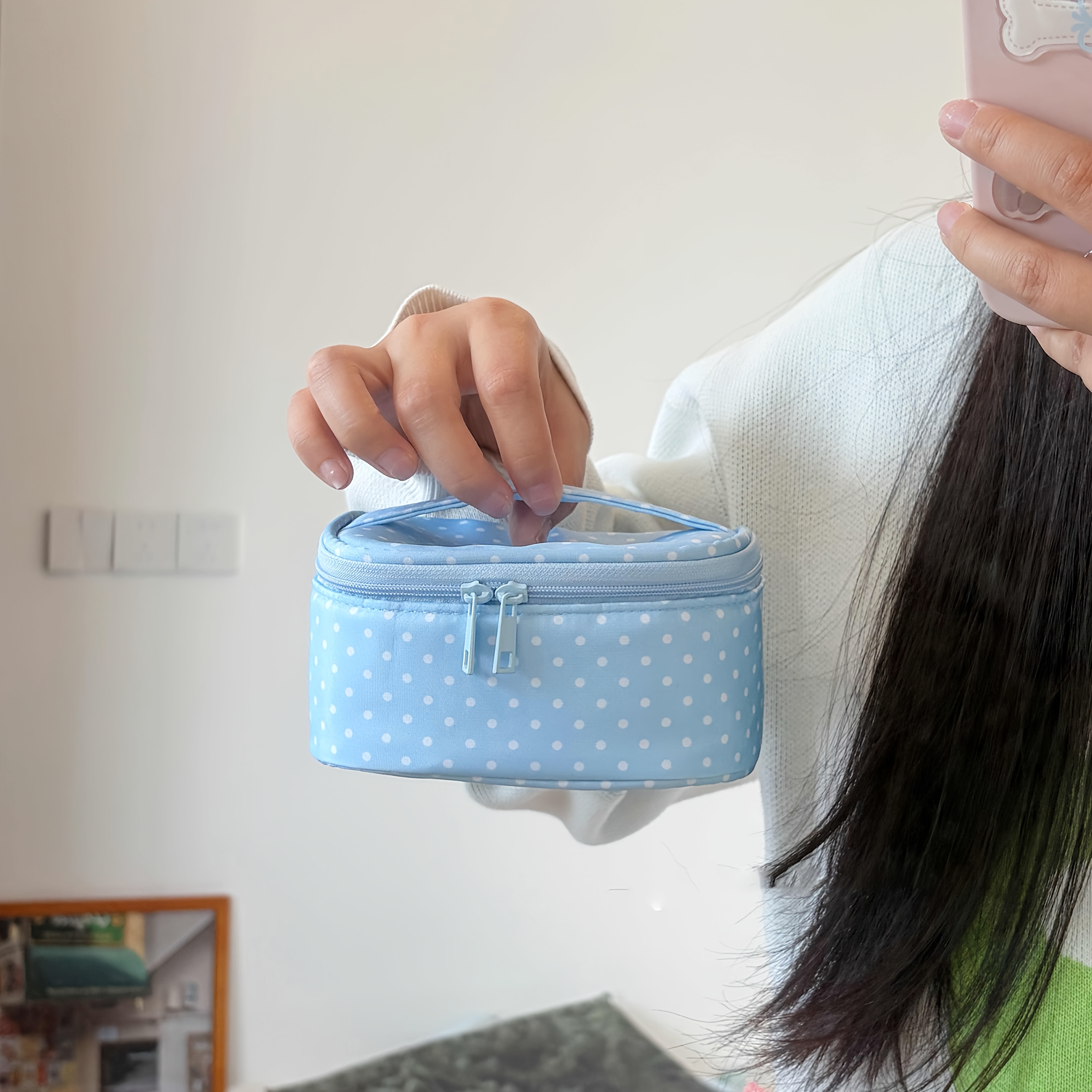 TEMU 1 pièce Mini Trousse de Maquillage à Carreaux , Base à Pois Blancs, Design , Double Fermeture Éclair pour un Facile, Parfaite pour un Usage ,