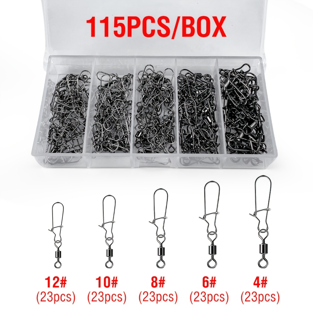 TEMU 115/180pcs Boxed Fishing Connector Snap Swivels 5 Sizes (4#-12#) Open-lock Swivel High Strength Tackle Accessories Suitable For Saltwater And