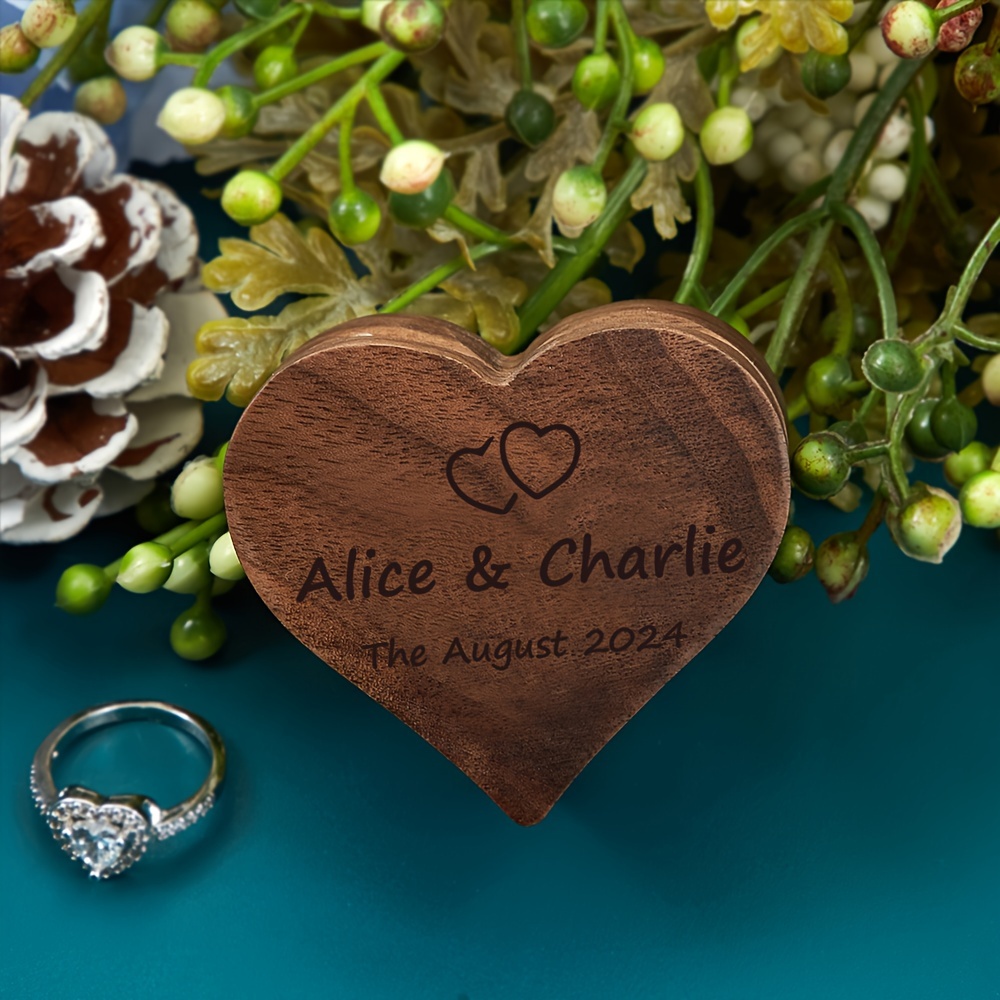 TEMU Custom Engraved Heart-shaped Wooden Ring Box, Dual-slot Engagement & Proposal Ring Case, Personalized Jewelry Holder, Anniversary Gift - Wood Material, Portable Design, No Power Needed