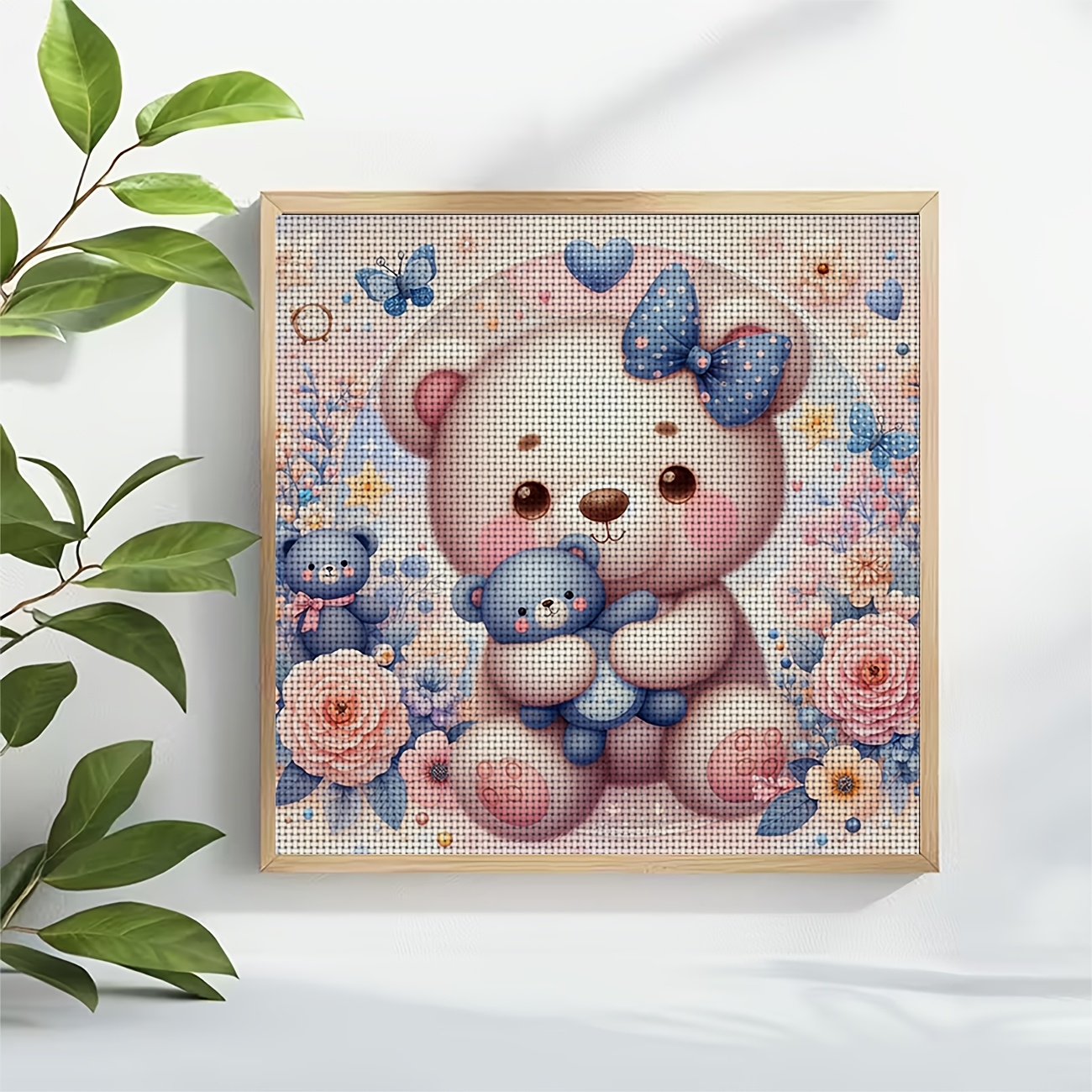 DIY Cross-Stitch Printed Kit, White Bear Hugging a Blue Cub Design