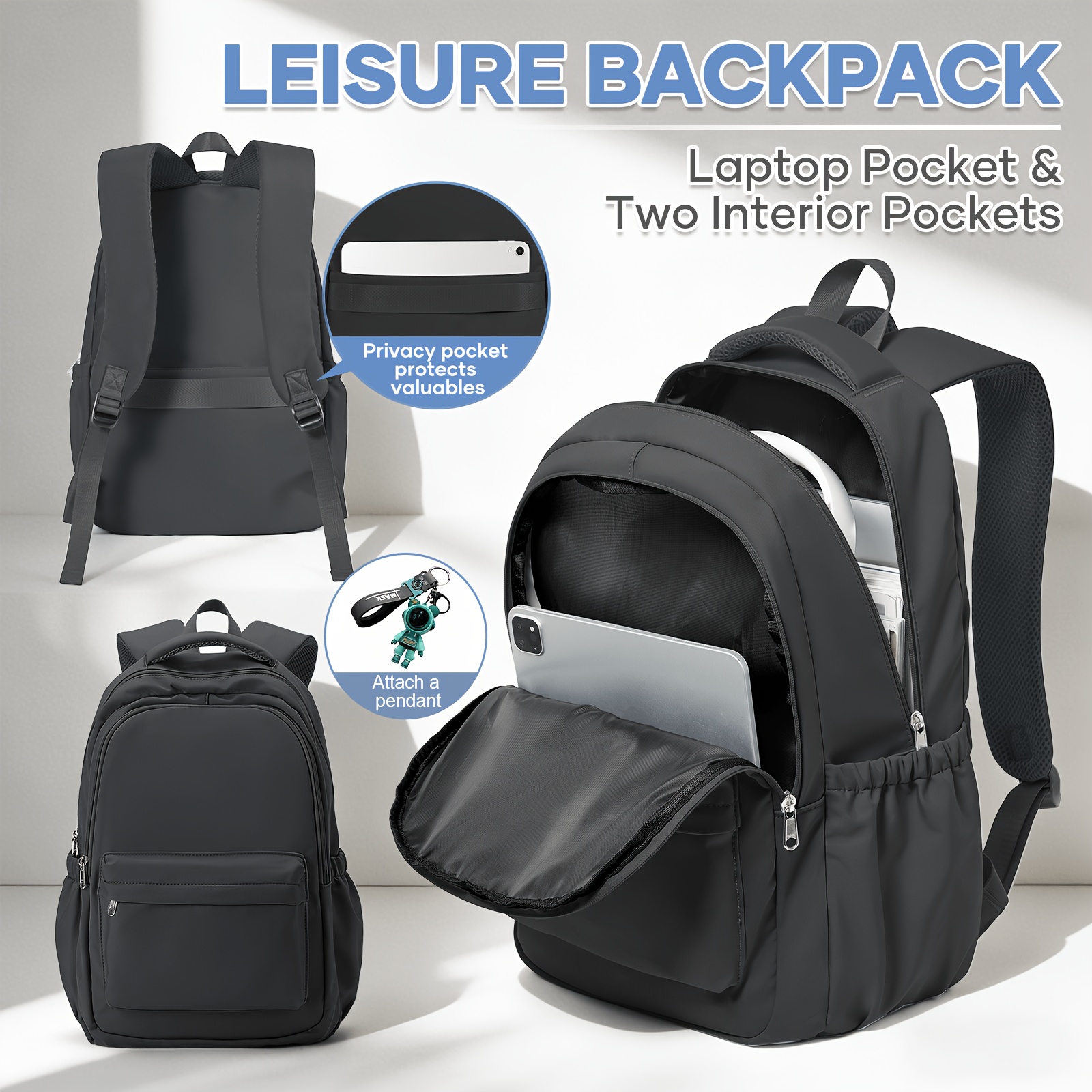 TEMU Casual Backpack, Large Capacity With Attached Accessory, Multi-compartment Design, Fits 14-inch Laptop. Essential For Commuting, Travel, And