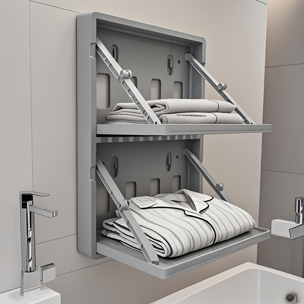 No-Drill Adhesive Wall-Mounted Double-Layer Folding Shelf - Reinforced Thickened Plastic Bathroom Organizer with 2-Tier Shelves for Towels, Toiletries - Space-Saving Storage for Bathroom & Toilet Walls, Toiletry Organization, Minimalist Design, Sturdy Construction, Compact Design, Durable Material, Compact Spaces, Utility Racks