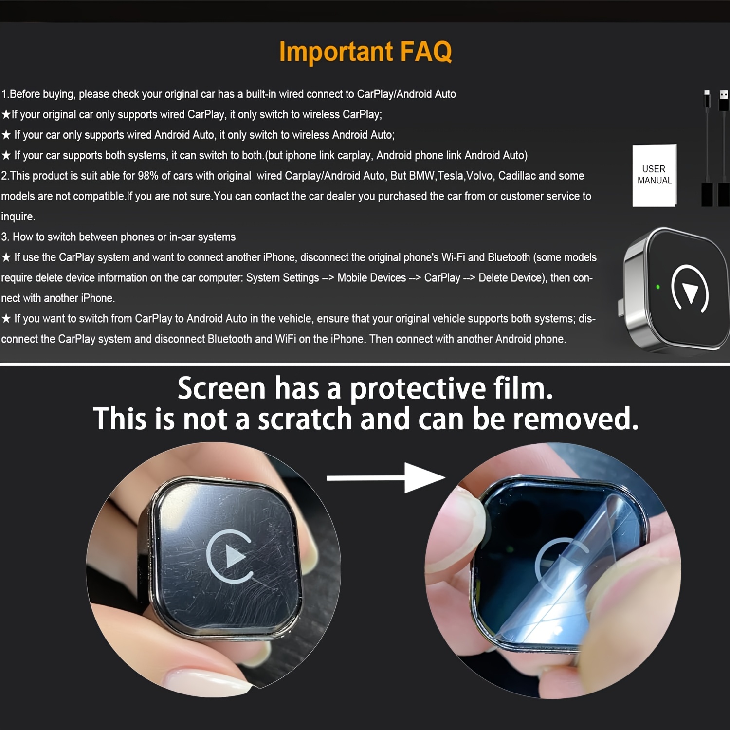 Adaptateur Carplay sans fil version améliorée 2025 : Convertissez facilement Carplay filaire en sans fil, compatible avec iPhone iOS 10+ et Android Auto, mini adaptateur Carplay sans fil stable, électronique automobile moderne, connexion automatique rapide, pas de latence – Image 6