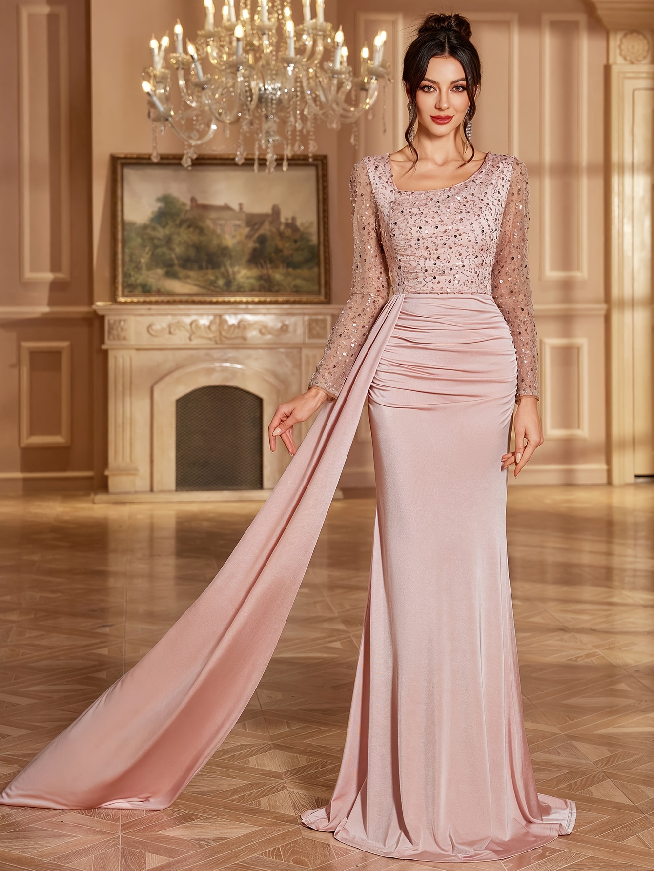 Elegant Women'* Neck Mermaid Wedding Guest Dress with Lace Detailing & High  Slit - Machine Washable Solid Color Formal Party Gown for * Evening Wear,  Fitted Silhouette, Shimmering Accents * Delicate ...