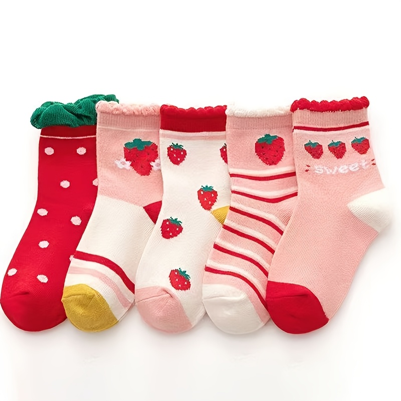 E-shop 3er-Pack Socken in zufälligen Farben mit niedlichem Cartoon-Erdbeer-Polka-Punkt-Muster, geeignet für Schul- Freizeitkleidung für Kinder, ein