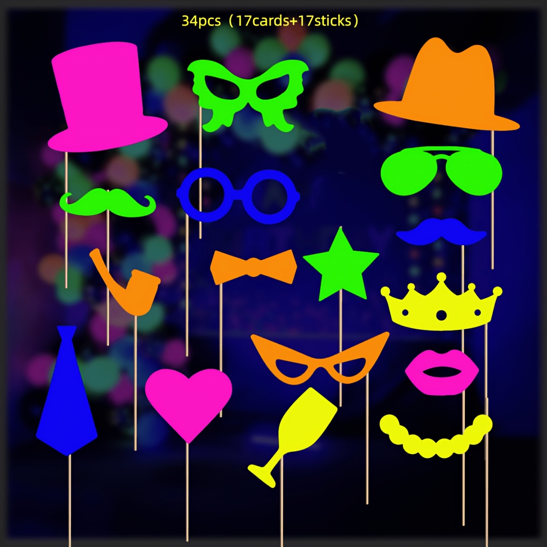 TEMU 34pcs, Neon Fluorescent Photo Booth Props, Colorful Glow In The Dark Paper Cutout Party Stick Props, Hat Glass Crown Lip Mustache Decor For