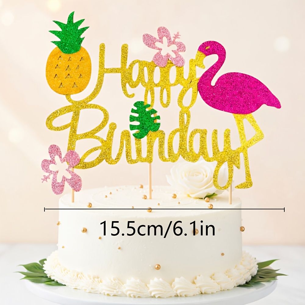 Image of 1pc Happy Birthday Cake Topper Tropical Hawaiian Luau Cake Pick Glitter Flamingo Leave Pineapple Cake Decoration For Summer B*by Shower Birthday Party Supplies，halloween，christmas