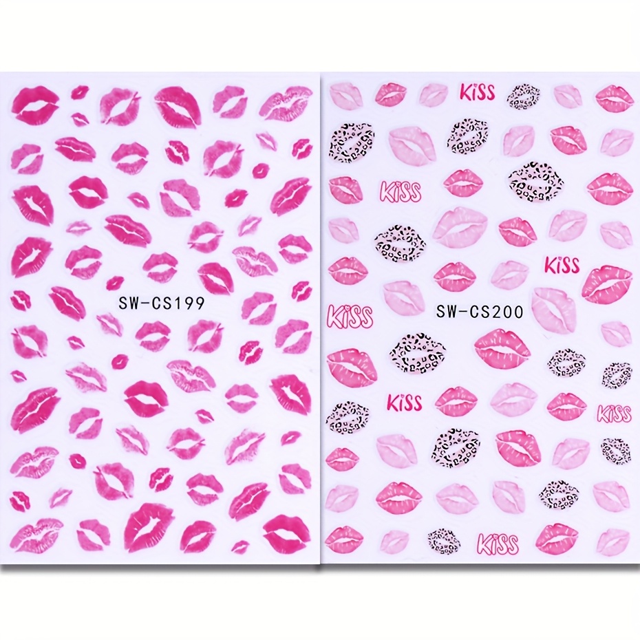 2 Valentine's Day Style Holographic Nail Stickers Featuring And Lipstick Prints For Nail Decoration Sw-cs199+200