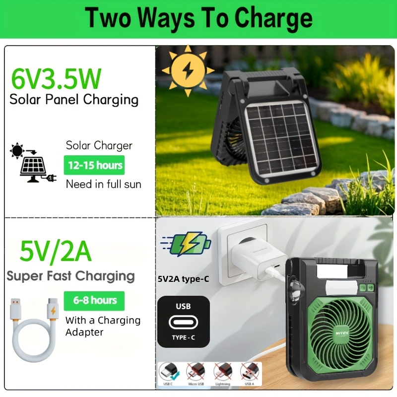 Portable Solar Fan with LED Night Light & Flashlight - USB Rechargeable