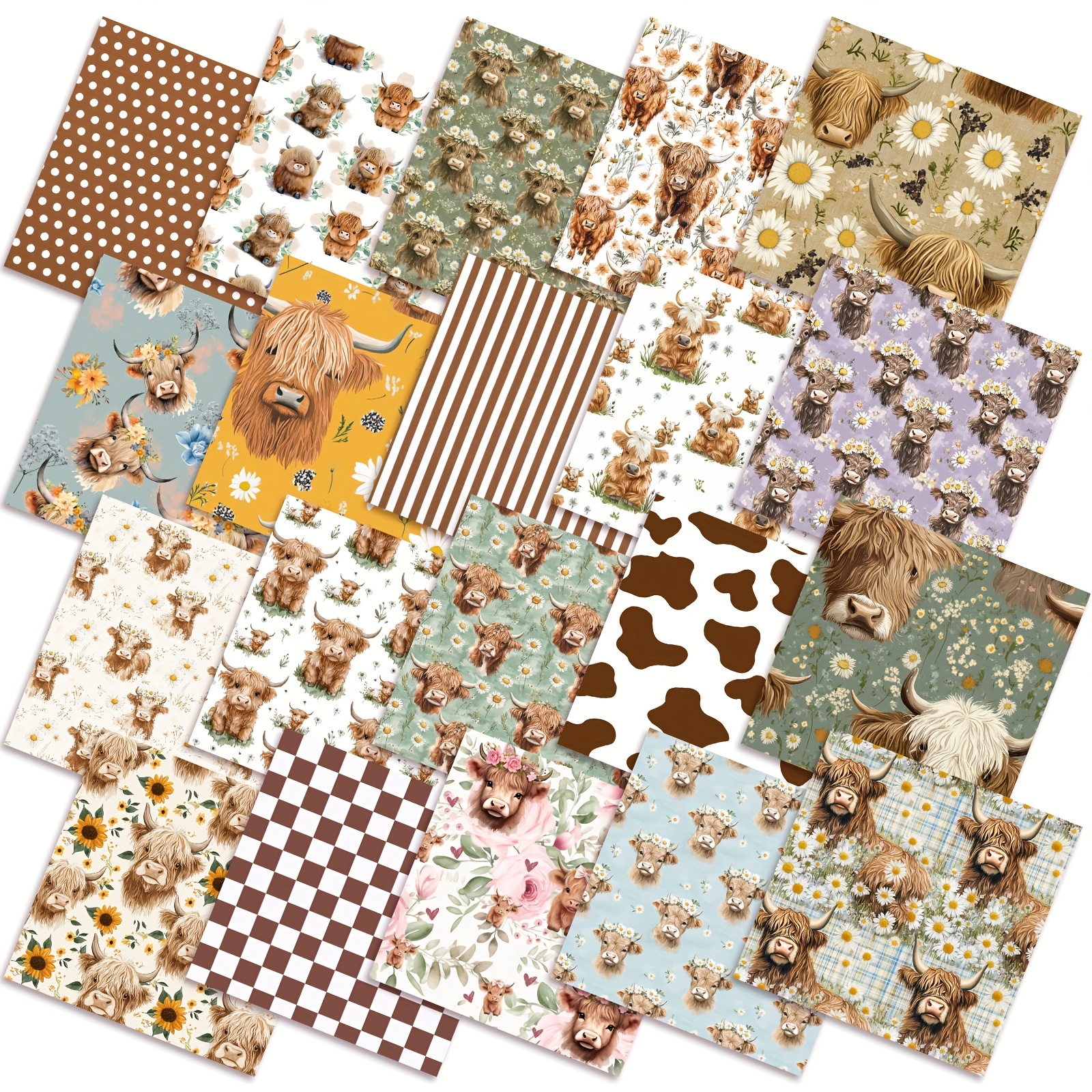 TEMU 20pcs 10''x10'' Vintage Highland Cow Quilting Fabric Square Retro Highland Cow Quiltted Fabric Bundle Multicolor Precuts Printed Patchwork Supplies For Holiday Diy Sewing Craft