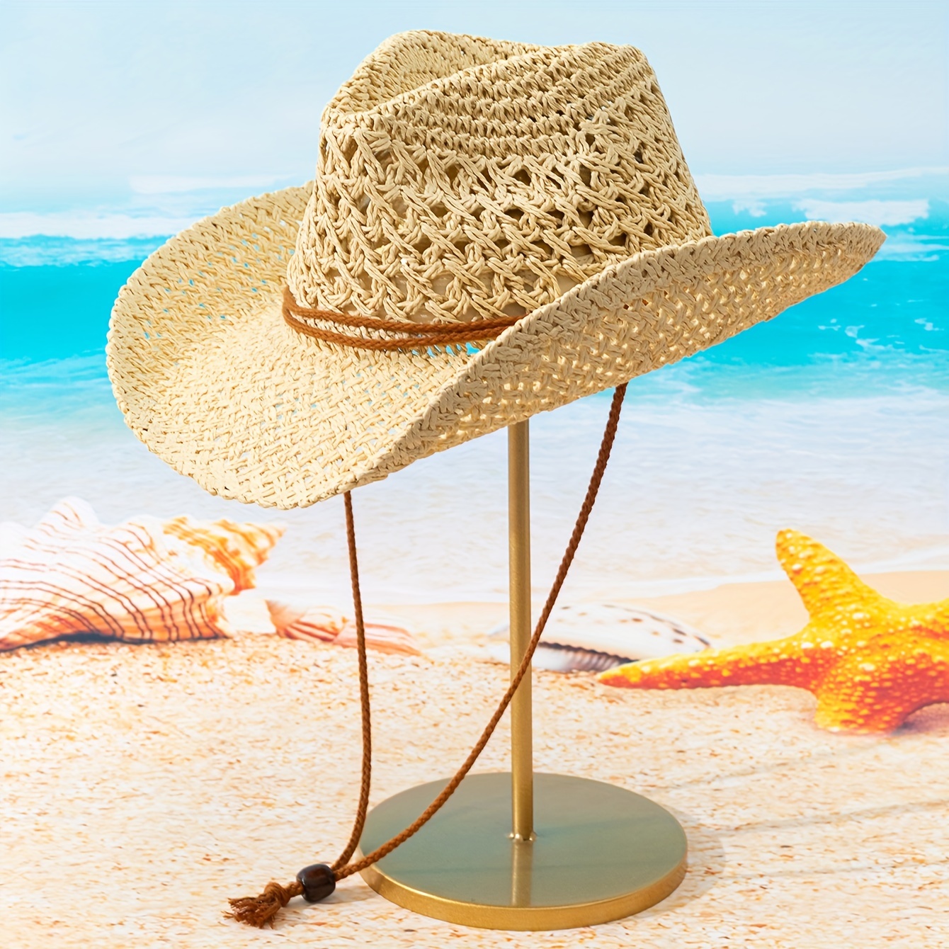 

Chapeau de paille unisexe de style cowboy, ajouré, respirant, protection solaire, chapeau de plage, idéal pour les voyages de printemps/été.