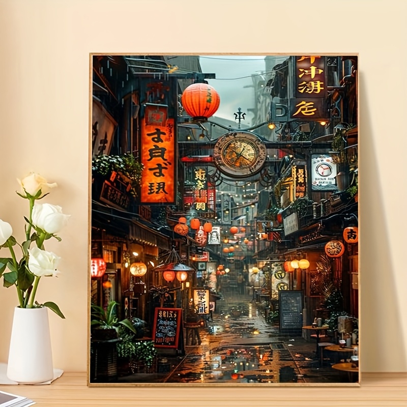 Image of Professional Art Use, 1pc Adult Beginner Diy Paint By Numbers Kit, Art Gift: A Vintage-style Chinese Old Street Under Neon Lights On A Rainy Night | 40x50cm/15.7x20 Inches, Unframed