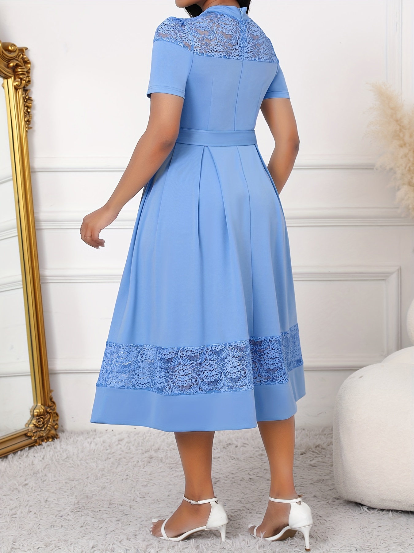 elegant high neck lace dress tie waist short sleeves midi Temu