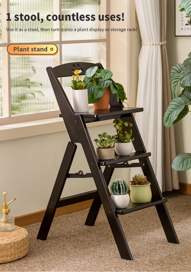 1pc Black All-Bamboo Bar Stool, Bar Counter Dining High Stool with Backrest, Folding Chair, No Assembly Required, Patio Outdoor Garden Step Stool, Household Three-Step Step Stool, Climbing Ladder, Suitable for Garden/Office/Library/Kitchen/Cafe
