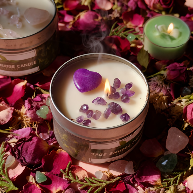 Image of Kikowhy Crystal Scented Candles Gift Set With Heart - Soy Wax Long-lasting Clean-burning Candles Suitable For Christmas, Valentine's Day, Birthdays, - Amethyst & Pink Crystal Meditation Candles