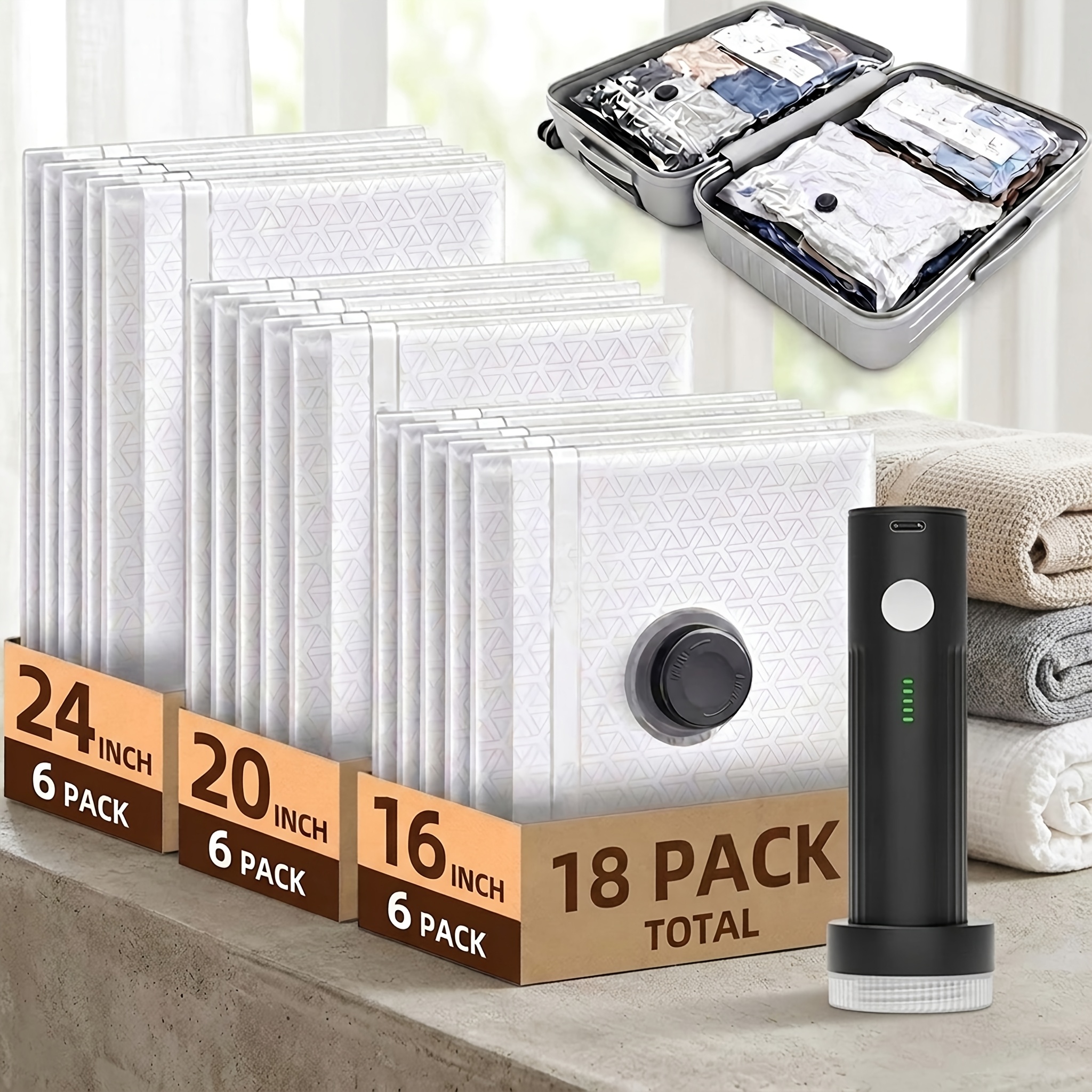 TEMU 18-pack Travel Vacuum Bags For Clothes With Electric Pump, Compression Packing Cubes Space Saver Storage Bags Organizer For Luggage Suitcase &