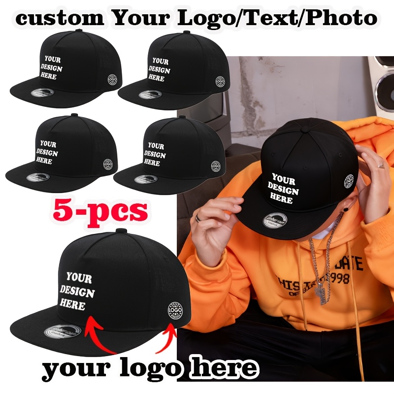 TEMU 5pcs Customizable Flat-brim Baseball Caps, With Customizable Logos On The Front And Sides. Adjustable Sizing. Self- Logo Customization.