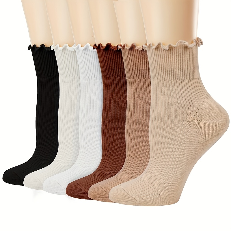 TEMU 6 Pairs Of Women's Socks, Mid Tube, Autumn And Winter, Black Fungus Edge Pile Socks, Coffee Color, Elegant Temperament, Sweat Absorbing,