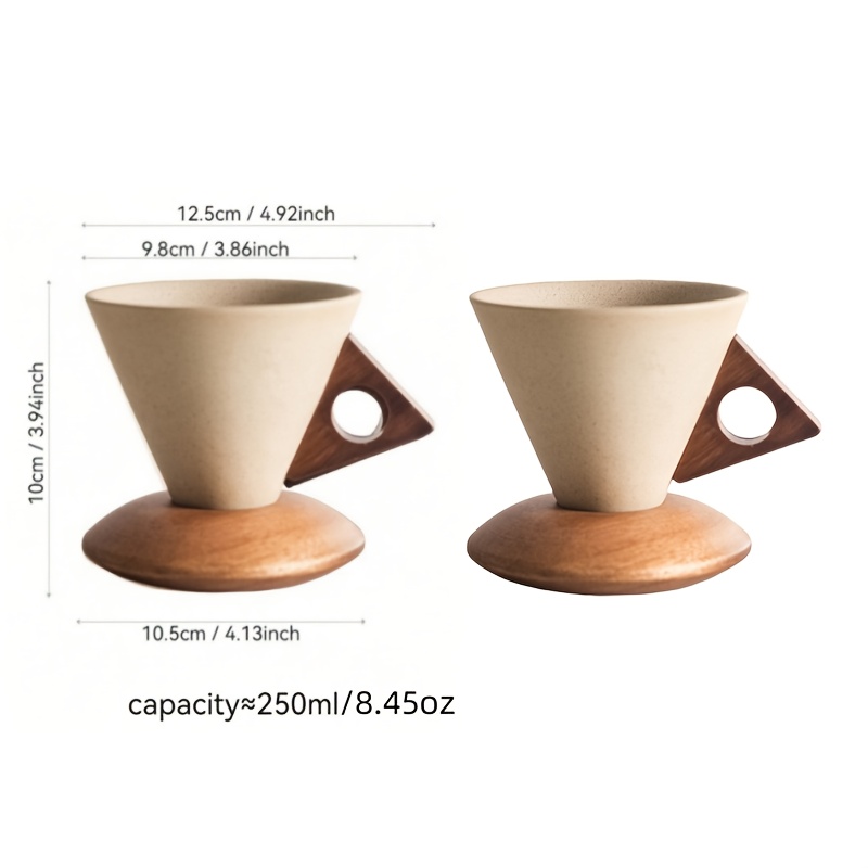 Image of 2pcs Ceramic Coffee Cup Set With Wooden Handle & Coaster - Heat-resistant, Non-slip, 250ml Vintage Design For Home, Office, Camping - Reusable, Hand Wash Only