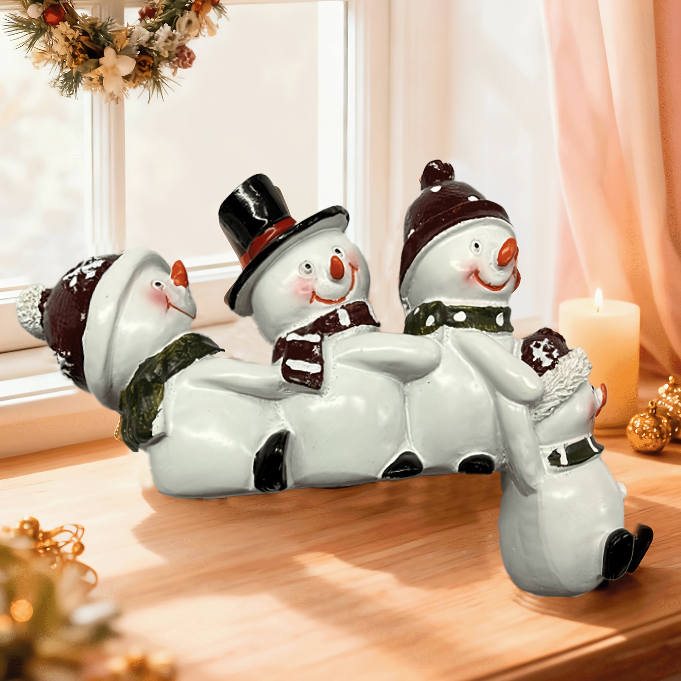 TEMU 1pc Cute Resin Christmas Snowman Statue, 1pc | 4 Snowmen Holding , Christmas Decoration, Indoor Desktop Sculpture, Christmas Party Statue, Gift
