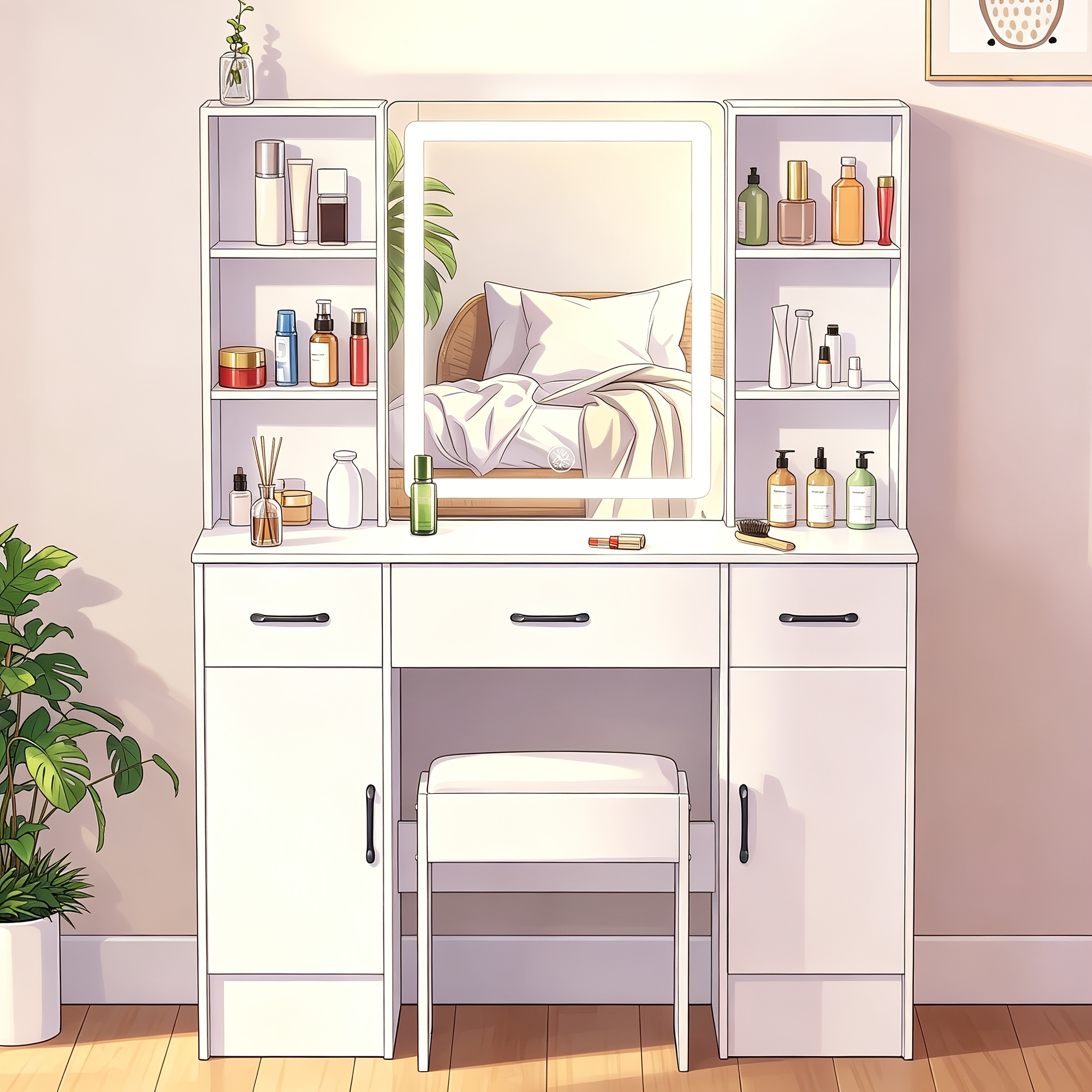 Vanity Desk With Frameless Led Lighted Mirror & Stool, Makeup Vanity Table With 3 Color Lighting & Touch Control, 3 Drawers & Open Shelves/cabinets, White Dressing Table With Large Storage For Bedroom