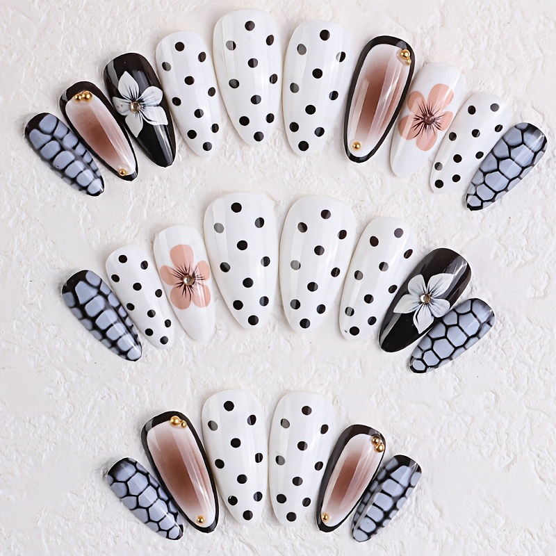 TEMU 24 uñas postizas elegantes de otoño e invierno y con diseño de corta, , flores y , : 1 pegamento en gel y 1 lima de uñas