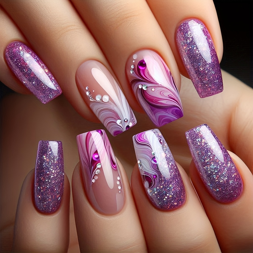 E-shop 24 Stück Glänzende Mittellange Sargform Press-On Nägel mit Lila Blumen Glitzerpulver Muster, Künstliche Nägel, Glänzend, Wiederverwendbar,