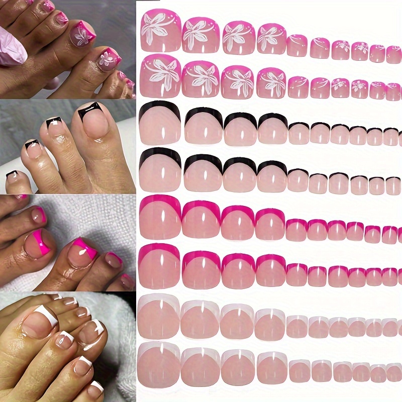 

96pcs Pink Tones Short Square Press-on Toenails - Glossy Flower Patterned Fake Toe Nails With Reusable Storage Box For Women And Girls, French Design Summer Nail Art Kit