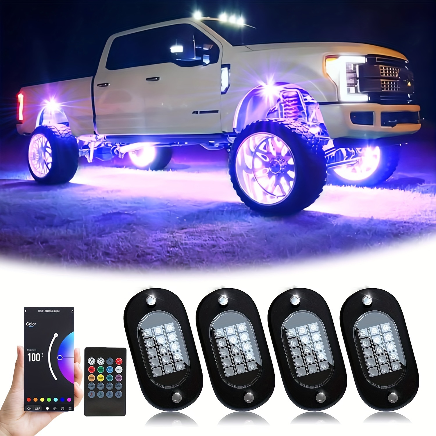 

4 Rgb+ For Atv Golf Utv Trucks Car Suv Rzr Sxs, Led Kit App/rf , 12v