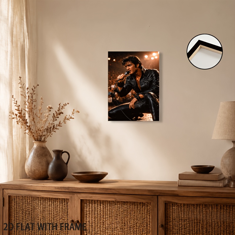 TEMU 2d Flat, 1pc 2d Flat Elvis- Singer Print Framed Canvas Paint Realistic Retro Performance Scene Wall Art Ready To Hang Living Room Home Indoor