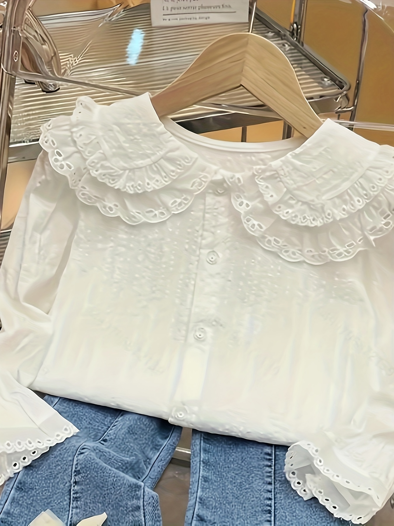 girls cute floral lace trimmed long sleeve blouse button non