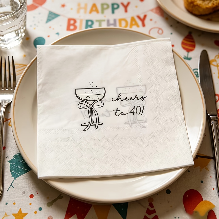 TEMU Lot de 16 serviettes pour 40e anniversaire, convient pour avoir 40 ans - Décoration de table avec bordure de coupe de champagne et message "