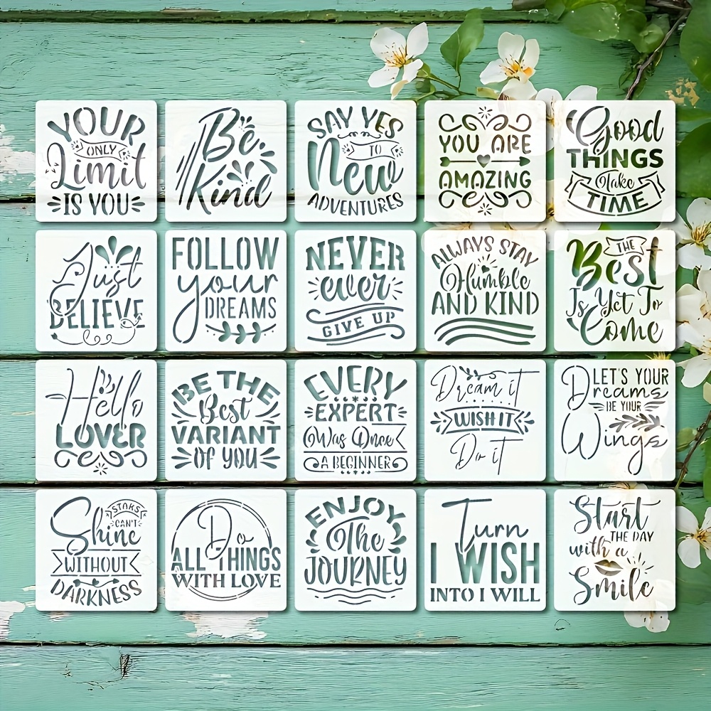 TEMU 20pcs Reusable Inspirational Quote Stencils, 4x4 Inches, Motivational Word Painting Templates For Wood, Canvas, Furniture, Diy Crafts, Home