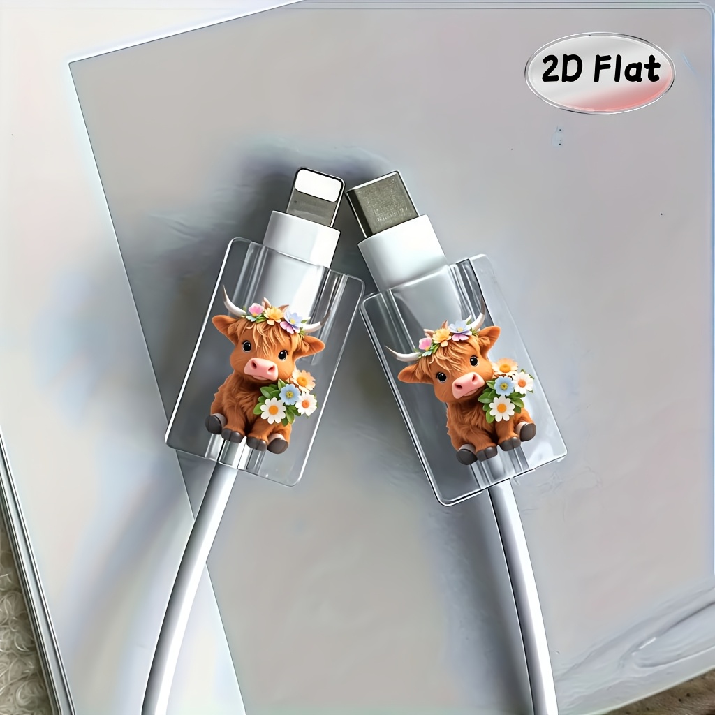 2d Flat 2pcs Cute Little Cow Data Cable Protective Case, Damage-resistant, Type-c Phone Data Cable Protector, Beautiful And Durable