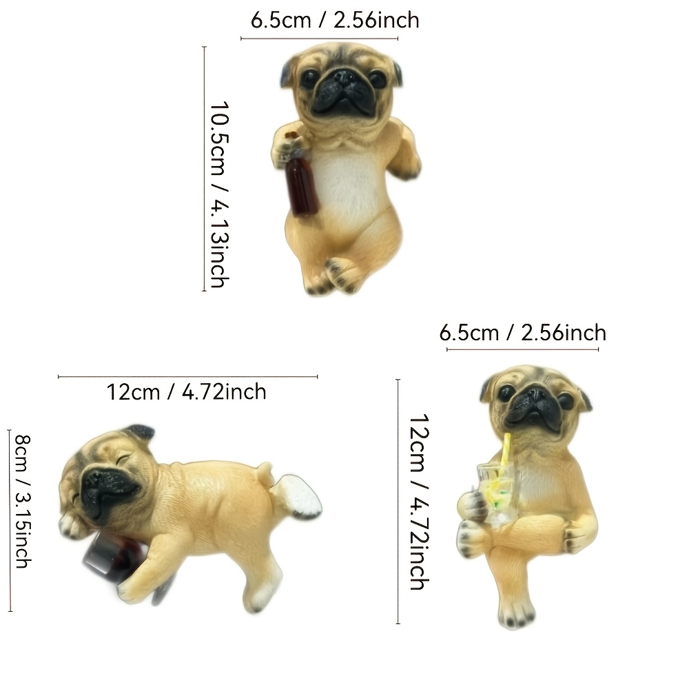 Image of 3pcs Cute Pug Resin Ornaments | Flower Pot Hanging Decoration With Drink Props, Whimsical Dog Statue For Home Garden, Suitable For Room Types And Use