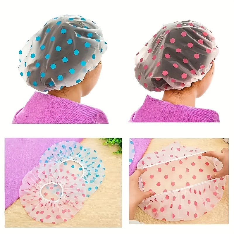 3pcs colorful polka dot shower caps thickened high quality bath hats with elastic band green   patterns for spa salon home use shower accessories details 5