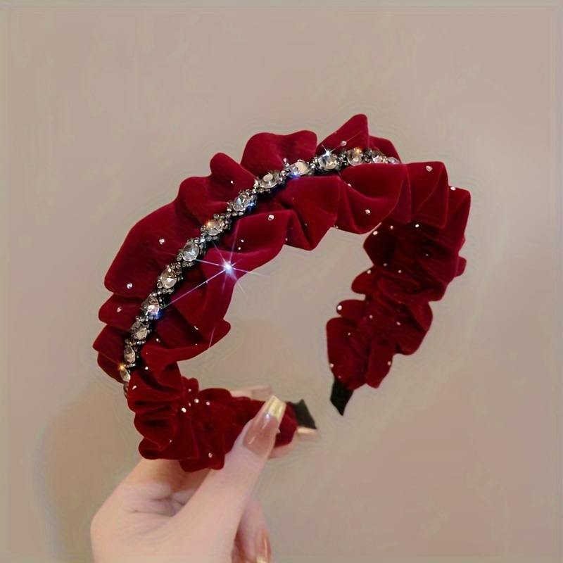 Image of 1pc Autumn And Winter Pleated Velvet Headband Hair Additions Fashion Rhinestone Shiny Starry Sky Headband Women's High Skull Top Wide Brim Hairband Hairstyle Additions Suitable For Daily Wear