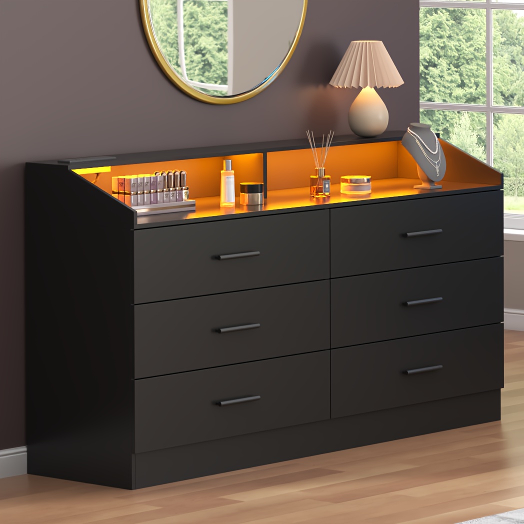 

Modern Black Dresser With 6 Drawers & Power Outlet – Stylish Storage Cabinet For Bedroom, Living Room, Or Entryway, Open Storage Compartment, Makeup Essentials & Accessories