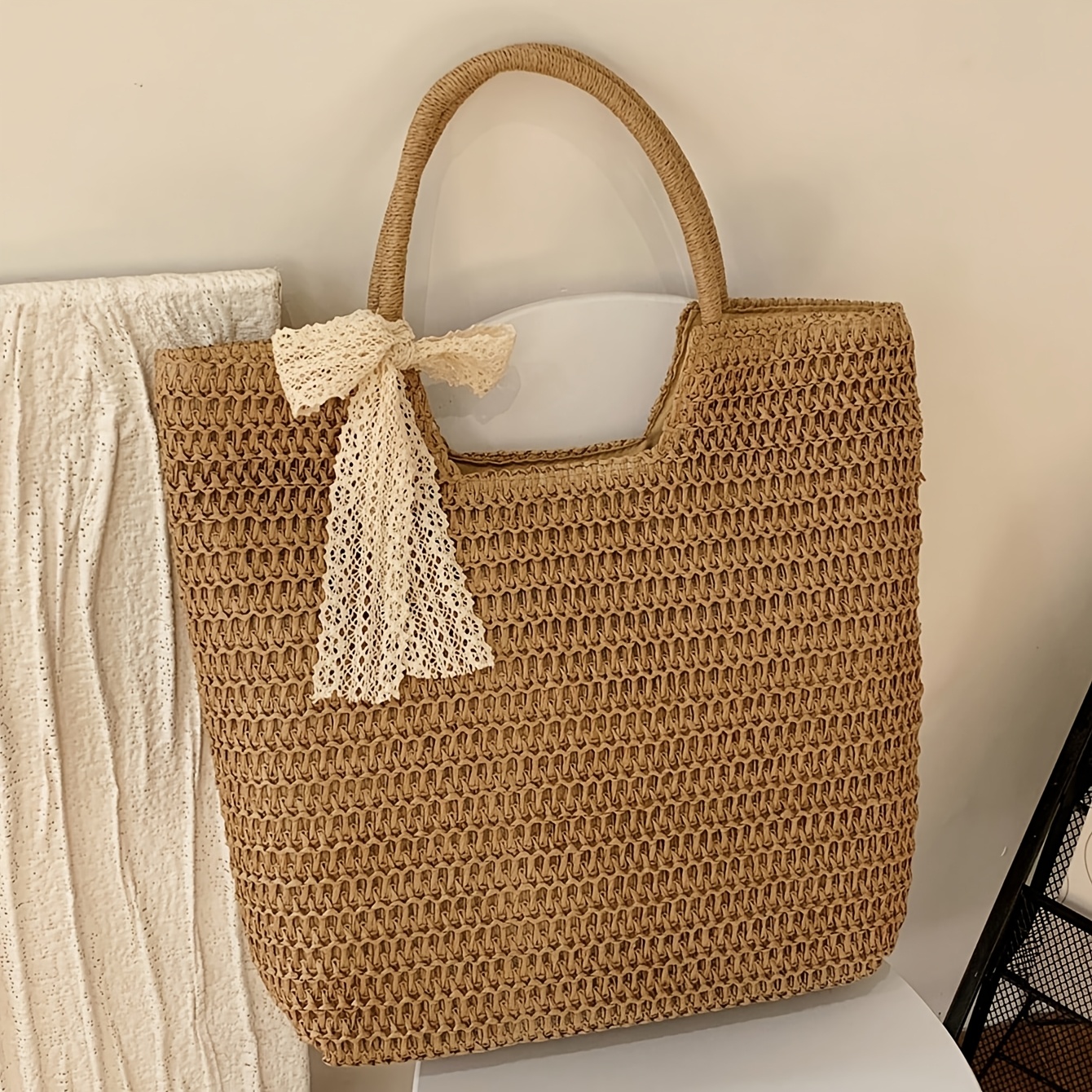 TEMU A Stylish And Casual Vacation-style Large-capacity Solid-color Woven Straw Bag With A Unique Ribbon Accent. This Women'-shoulder Beach Bag Or