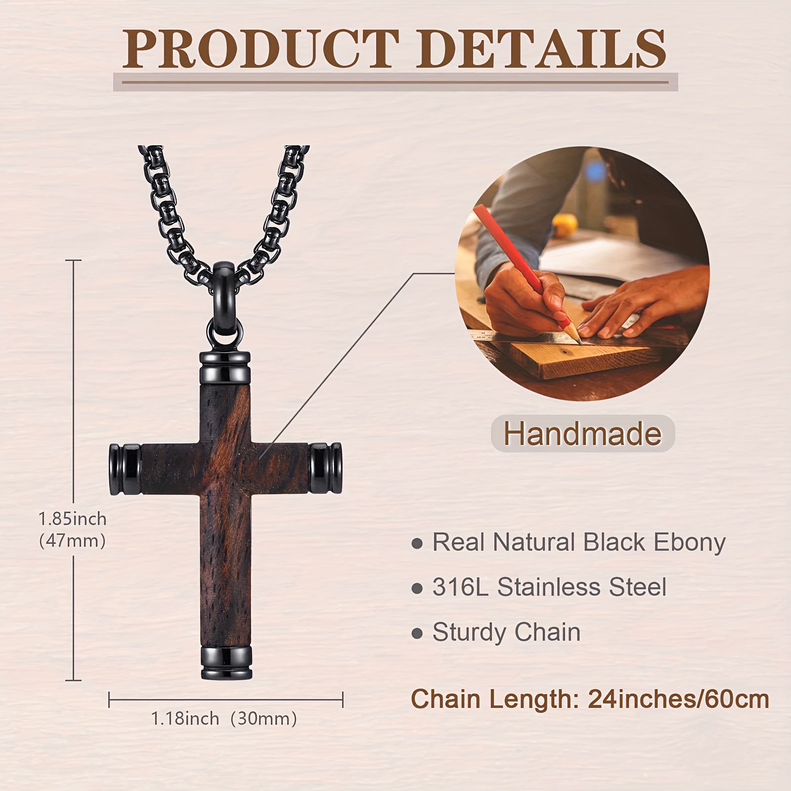 1pc stainless steel pendant necklace with inlaid new   wood cross pendant a stylish and high quality pendant for men perfect as a gift for your husband on easter day details 3