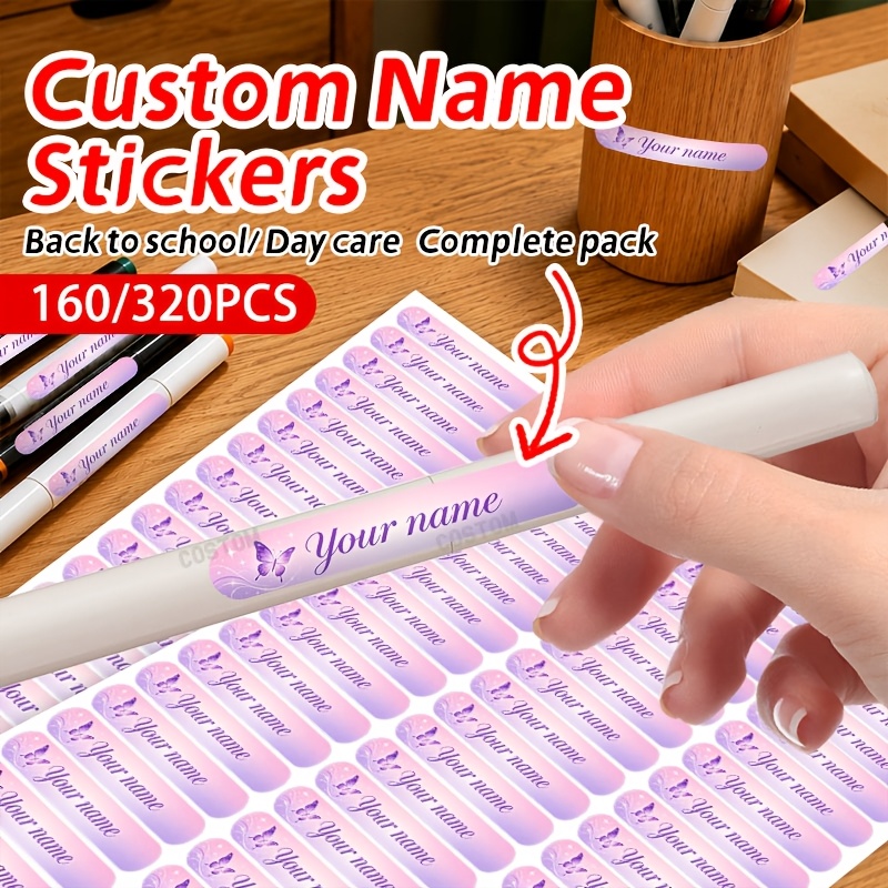 TEMU 160/320pcs Personalized Custom Stationery Label Stickers, Gradient Purple Custom Name Stickers, Student Stationery Water Bottle Storage Box