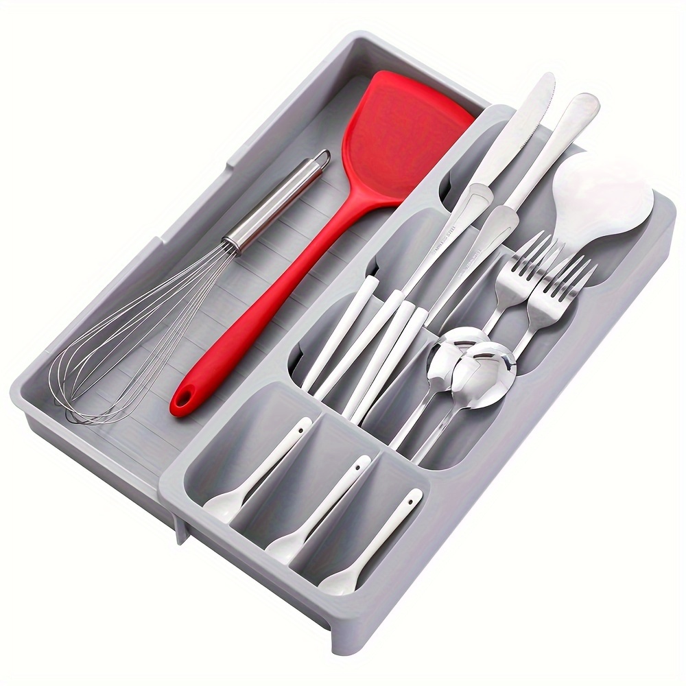 

Compact Cutlery Drawer Organizer, Plastic Insert Mount Flatware Storage Tray With Foldable Design For Kitchen Utensil Organization