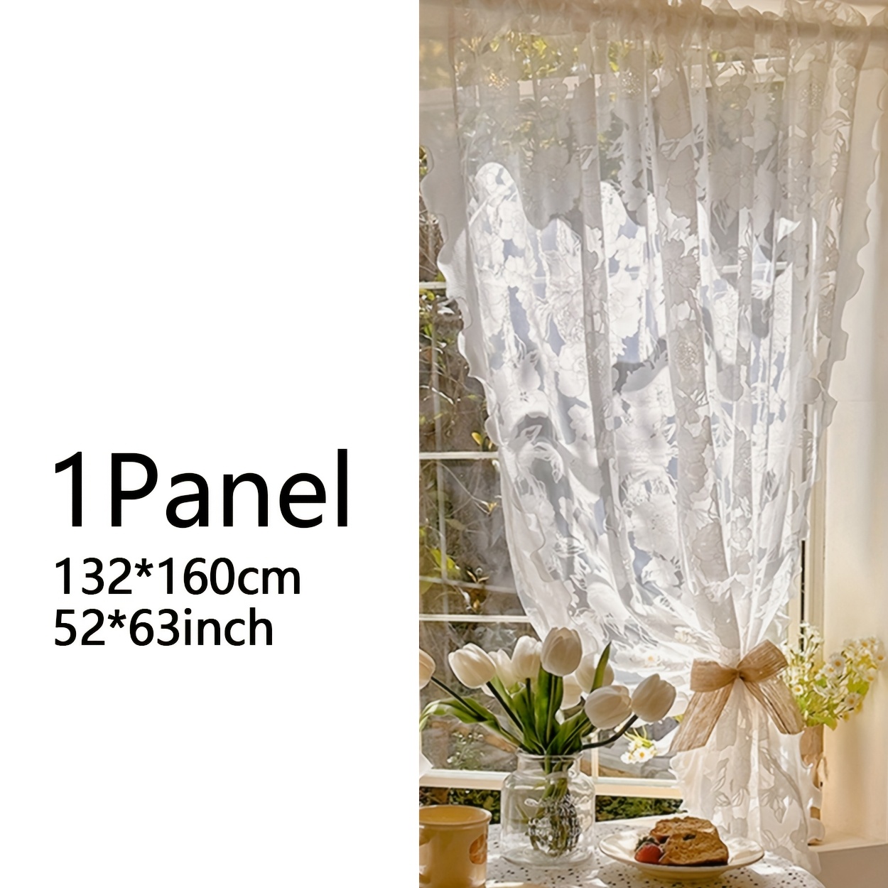 1pc Burnt-out Rose Sheer Curtain, Romantic Sheer Window Curtain, Bedroom Bay Window Room Curtain With Heavy Cut-out Floral Craft And Wavy Lace Trim