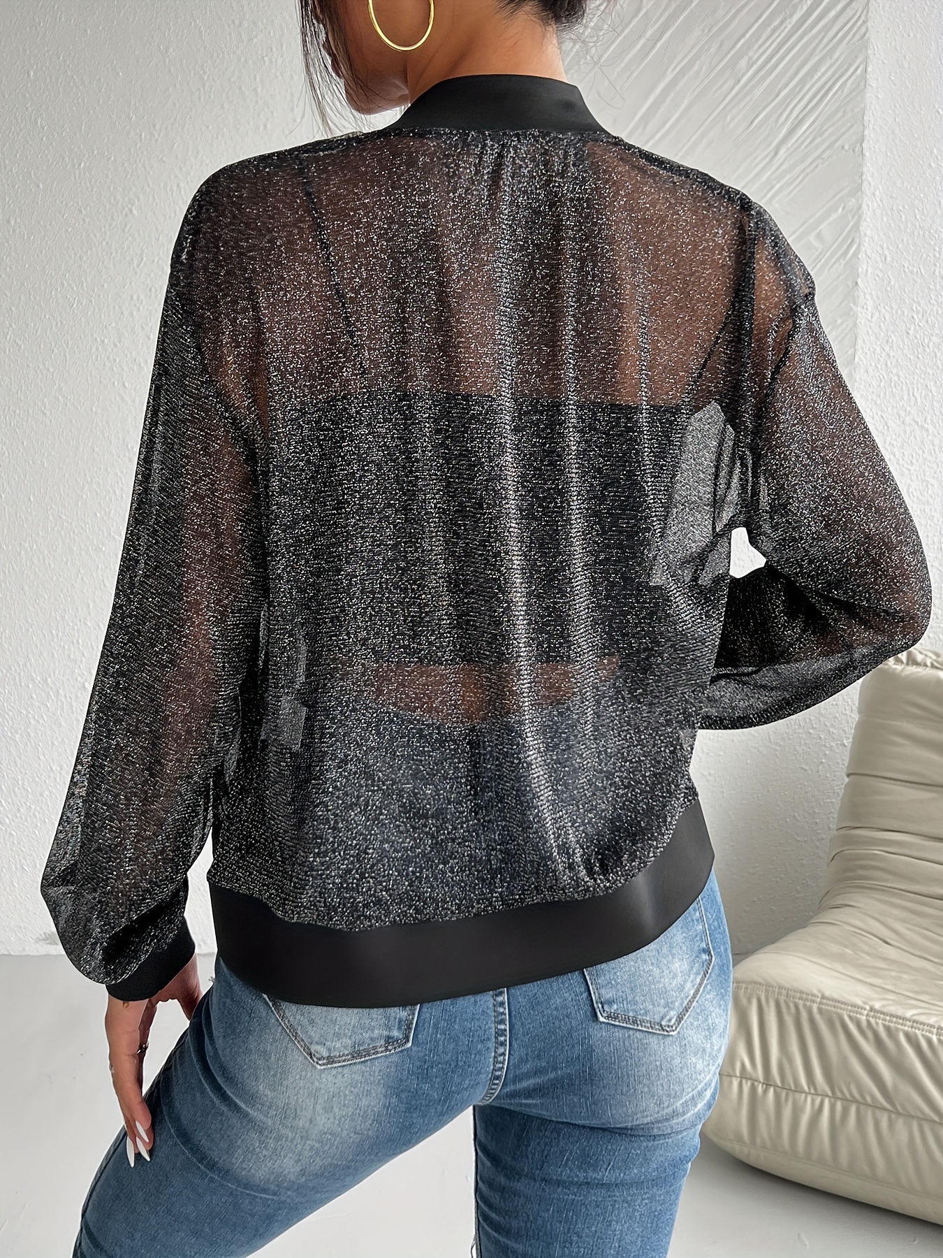 chic womens sheer mesh   elegant zip up with drop shoulder sleeves breathable polyester blend   spring summer casual   1