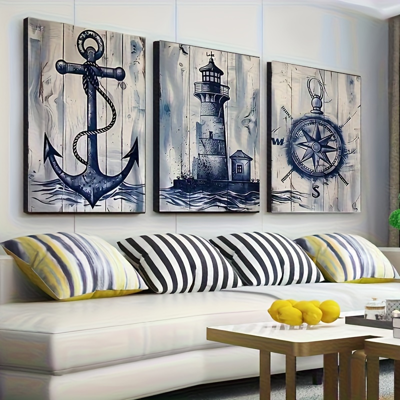 TEMU 2d Flat, 2d Flat, Set Of 3 Nordic Vintage Style Anchor Lighthouse And Compass Canvas Posters For Wall Decoration, Suitable For Bedroom, Office,